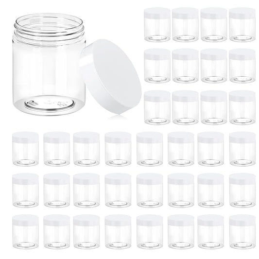 Eternal Moment 36 Pack 8 OZ Plastic Jars Round Clear Cosmetic Container Jars with White Lids, Perfect for Lotion, Slime，Cream, Ointments, Makeup, Eye Shadow, Samples, Pot, Travel Storage ﻿