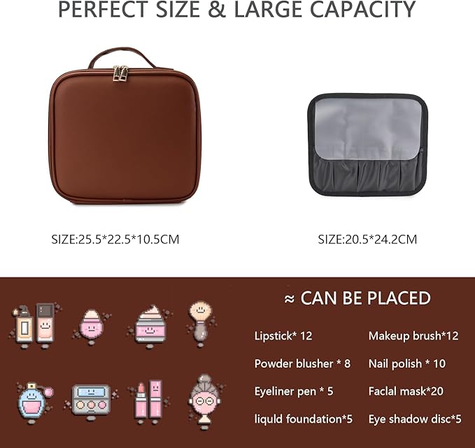 Travel Makeup Bag with LED Lighted Mirror,Cosmetics Organizer, Makeup Bag with 3 Color Lighted Setting, Portable Storage and Adjustable Dividers Travel Makeup Bag(Dark brown)