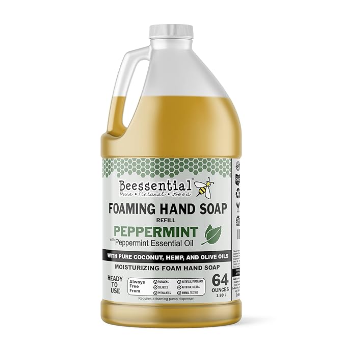Beessential All Natural Bulk Foaming Hand Soap Refill, 64 oz Peppermint | Made with Moisturizing Aloe & Honey - Made in the USA