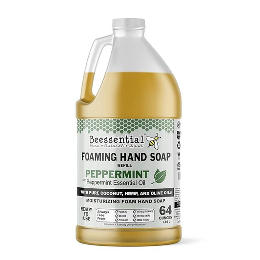 Beessential All Natural Bulk Foaming Hand Soap Refill, 64 oz Peppermint | Made with Moisturizing Aloe & Honey - Made in the USA