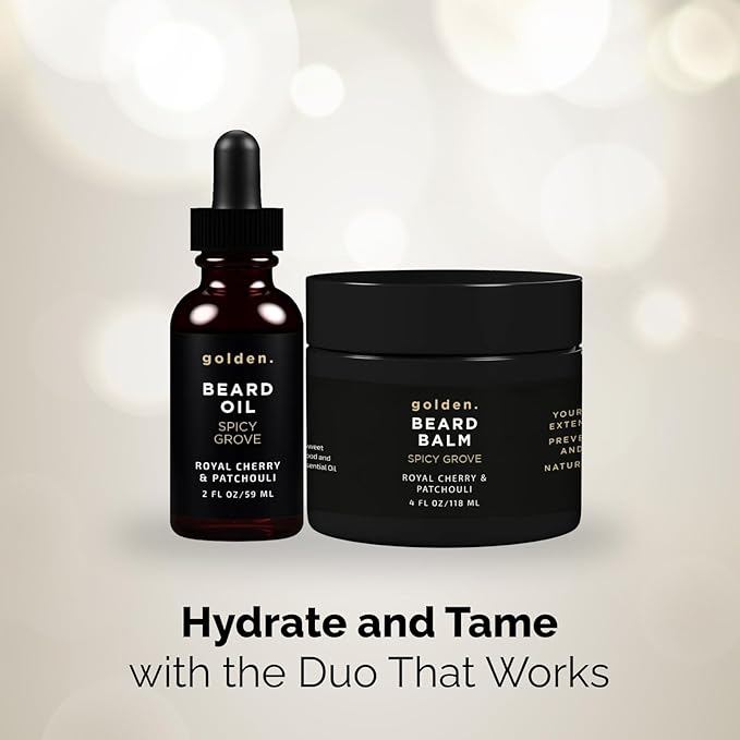 Golden Grooming Beard Oil & Balm Bundle for Men | Natural Growth Kit with Shea Butter | 4oz Balm & 2oz Oil | Spicy Grove