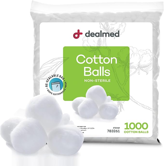 Dealmed 1000 ct. Cotton Balls for Face, Makeup, Medical Uses, & DIY Crafts | Non-Sterile Bulk Pack | Resealable Zip-Locked Bag | 100% Pure Cotton, Soft, Absorbent, Gentle (Pack of 1)