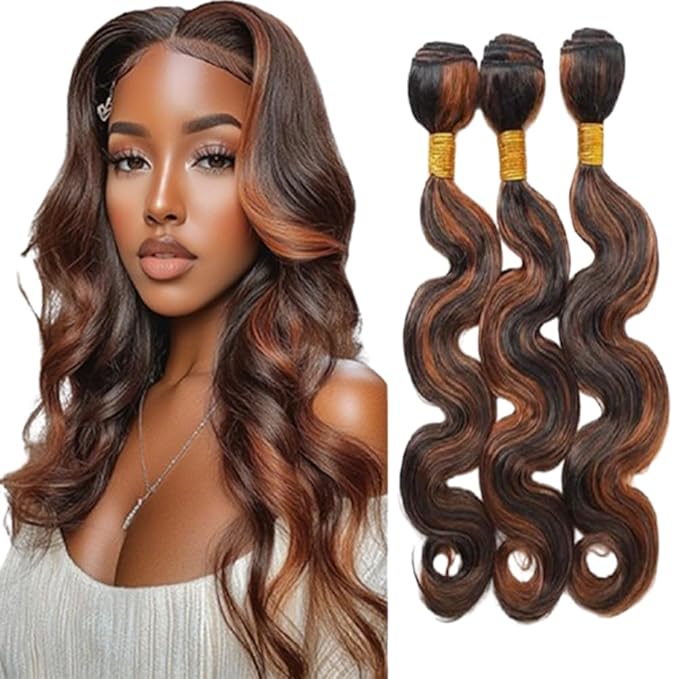 P1B/30 Highlight Body Wave Bundles Human Hair Black and Brown P1B30 Body Wave Bundles two tone Double Weft Weave Extensions Brazilian Remy Human Hair for Black Women 24 26 28 Inch