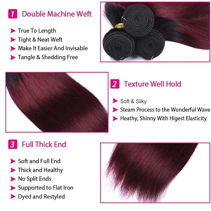 Straight Bundles Burgundy Human Hair 1B99j Straight Bundles Black Mixed With 99j Two Tone Brazilian Human Hair Extensions Wet and Wavy Soft Silky for Black Women 22 24 26 Inch