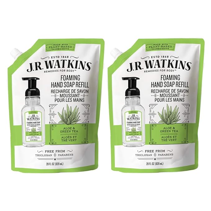 J.R. Watkins Foaming Hand Soap Refill Pouch, Scented Foam Handsoap for Bathroom or Kitchen, USA Made and Cruelty Free, 28 fl oz, Aloe & Green Tea, 2 Pack