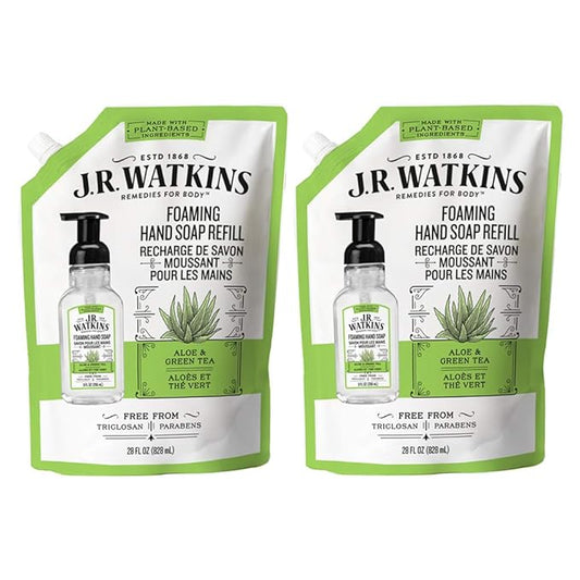 J.R. Watkins Foaming Hand Soap Refill Pouch, Scented Foam Handsoap for Bathroom or Kitchen, USA Made and Cruelty Free, 28 fl oz, Aloe & Green Tea, 2 Pack
