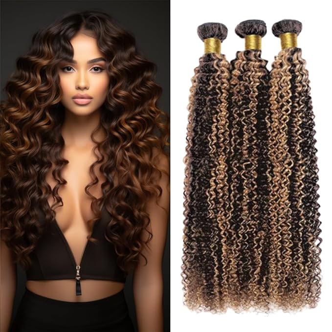 Ombre P1B/30 Highlight Kinky Curly Bundles Human Hair Black and Light Brown Curly Bundles two tone Double Weft Brazilian Human Hair Wet and Wavy Soft Silky for Black Women 20 22 24 Inch