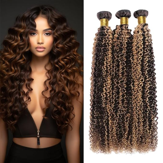Ombre P1B/30 Highlight Kinky Curly Bundles Human Hair Black and Light Brown Curly Bundles two tone Double Weft Brazilian Human Hair Wet and Wavy Soft Silky for Black Women 20 22 24 Inch