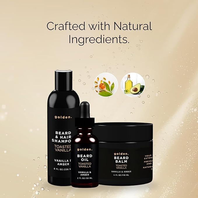 Golden Grooming Co. Everyday Beard Bundle – Complete Beard Care Set | Includes Beard Oil, Balm & Shampoo (XL, Toasted Vanilla)