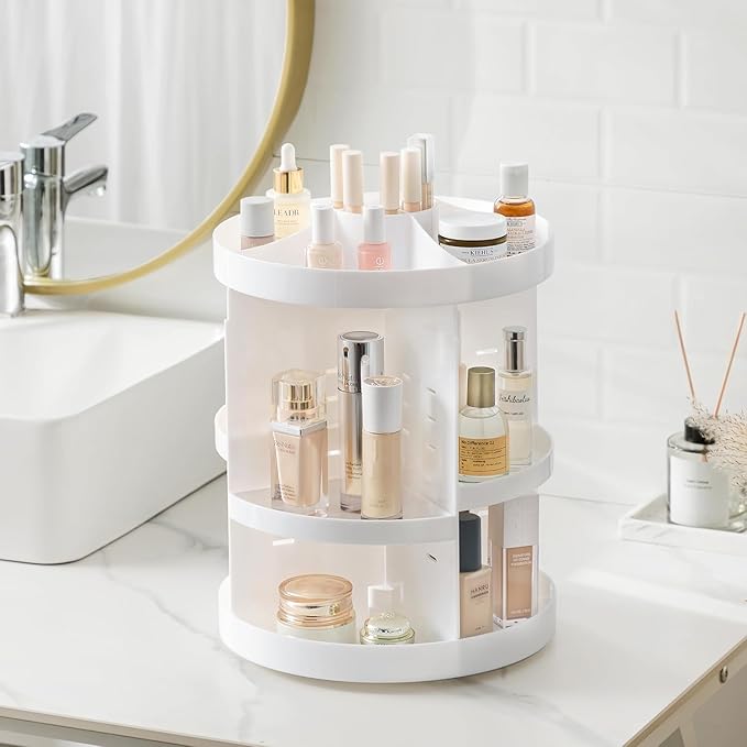 HBlife 360 Rotating Makeup Organizer Plus Size Adjustable Carousel Large Capacity Revolving Perfume Organizer Skincare Organizers Cosmetic Storage Spinning Holder for Vanity, White