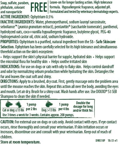 Douxo S3 Seb Mousse, Contains 0.5% Ophytrium, Odor Control & Seboregulating, For Oily to Flaky Skin, Seborrhea, For Dogs and Cats, 5.1 fl. oz. (150mL)
