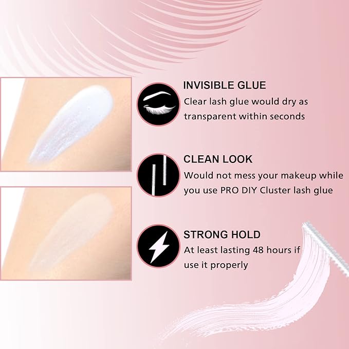 Cluster Lash Glue for DIY Eyelash Extension Lash Bond Glue Mascara Wand Super Strong Hold 48 Hours Waterproof Latexfree (5ml, Clear)