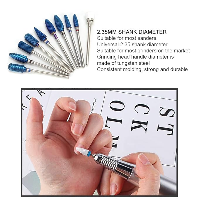 Nail Drill Bit Set, 10pcs Tungsten Steel Nail Drill Bit 3/32 inch Grinding Head Cuticle Drill Bit for Nails Manicure Set Professional Polishing Machine Tool for Pedicure