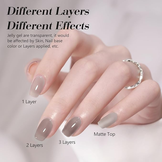 CANNI Jelly Gel Nail Polish Set,Milky White Nude Grey 6 Colors 9ML Jelly Translucent Gel Polish Set,Natural Neutral Nude Grey, High Gloss Soak Off UV LED Gel Nail Manicure Salon DIY