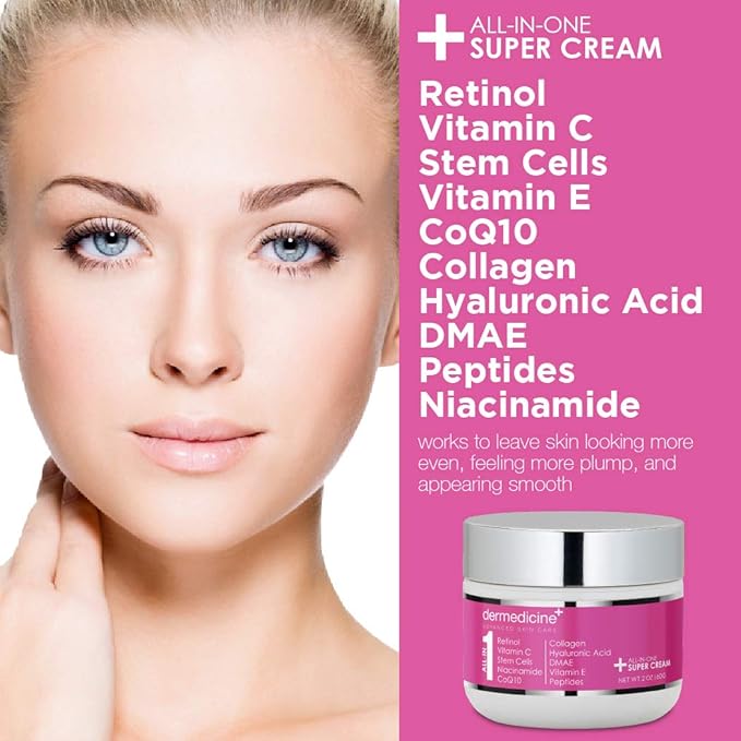 All In One Super Anti-Aging Cream for Face with Retinol, Vitamin C, Stem Cells, Vitamin E, CoQ10, Collagen, Hyaluronic Acid, DMAE, Peptides, Niacinamide for More Youthful Looking Skin 2oz