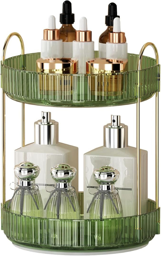 360° Rotating Makeup Organizer for Vanity - 2 Tier Perfume Organizer with Large Capacity - Skincare Organizer for Bathroom Counter - Space-Saving Cosmetic Storage for Dresser Countertop (Green)