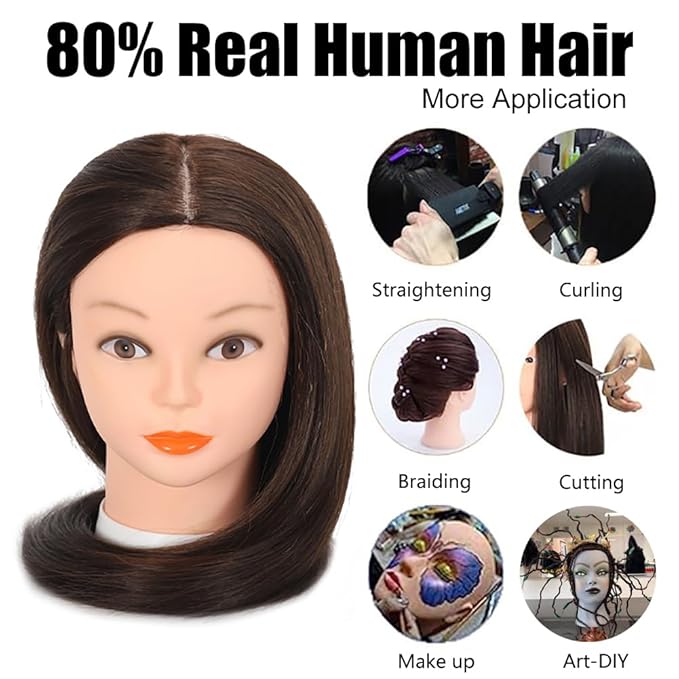 26”-28”Mannequin Head 80% Real Hair Manikin Head Cosmetology Doll Head for Styling Mannequin Head Human Hair (#4 Dark Brown)