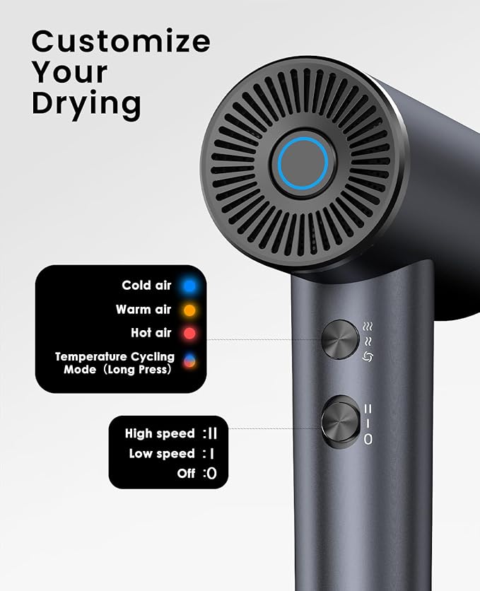 Ionic Hair Dryer, High-Speed Blow Dryer - 150,000 RPM Brushless Motor, 500 Million Negative Ions, Ultra-Light & Small, Smart Temp Control, Quiet Hairdryer for Women, Ideal for Travel, Home