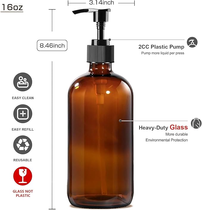 4 Pack 16 oz Amber Glass Bottles with Pumps for Shampoo, Essential Oils, Cleaning Products, Lotions, Aromatherapy Oil, Pump Bottles, Refillable Containers with Cap, 8 Chalk Labels, 1 Pen