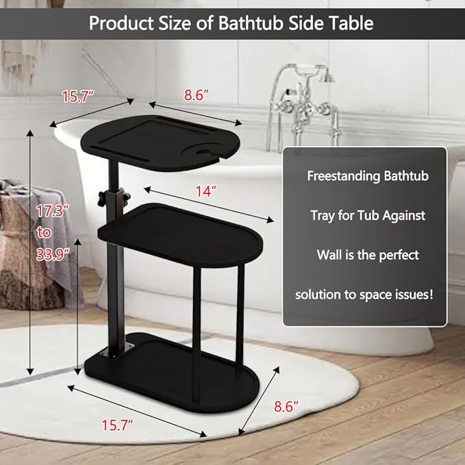 3 Layer Bathtub Tray Table,Bamboo Swivel Bathtub Side Table Height Adjustable,Freestanding Bathtub Tray for Tub Against Wall,Bathtub Accessories&Bathroom Organizer for Luxury Home Spa-Black