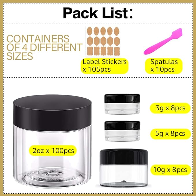 2 oz Plastic Containers with Lids 100pcs Plastic Jars with Lids + 3/5/10 Gram 24pcs Sample Containers Travel Jar– Great for Lip Scrub, Body Butters, Cream, Lotion, Labels & Spatulas (124 Pack)