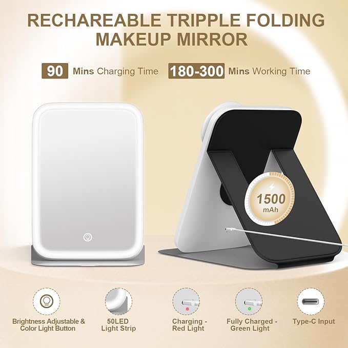 Mocado Travel Makeup Mirro with Lights, 360° Rotation Lighted Makeup Mirror, Portable Mirror with 10x Magnification, 60LEDs 3 Color Lightings, Dimmable Touch Screen, Tabletop Light up Mirror(Black)