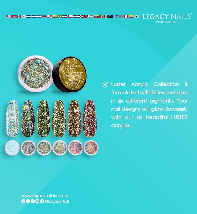 Legacy Nails Professional COLLECTION Acrylic Powder Kit 6 Colors Nail Art Set for Manicure DIY for Dip & Acrylic Nail Extensions (LUSTER COLLECTION)