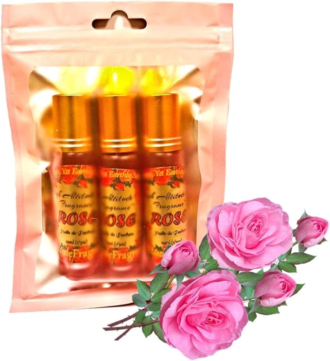 ROSE Perfume Oil - All-Natural Essential Oil Fragrance - Huile de Parfum - Bulgarian Damask Rosa Damascena Petals Otto,Tea Rose, De Mai - Roll On Roller Ball - Party Travel Guest Favors Gifts - 10mlx3