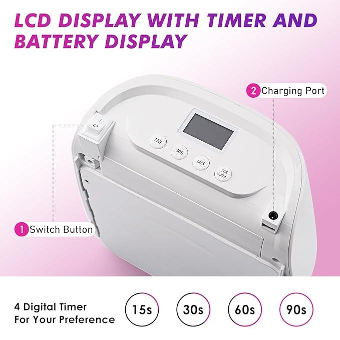 Professional Cordless Rechargeable UV LED Nail Lamp with 4 Timer Setting and 126W High Power Quick Drying Nail Dryer(White)