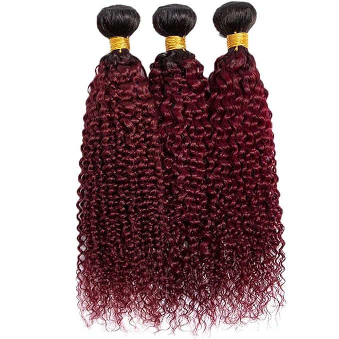 Ombre 1B99j Human Hair Curly Bundles Burgundy Curly Hair Bundles Black Mixed With Burgundy Grade 8A Two Tone Brazilian Human Hair Extensions Soft and Silky for Black Women 20 22 24 Inch