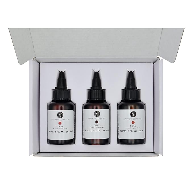 Alcohol Drying Blood, Ultra-Realistic Fake Liquid Blood, SFX Makeup for the Stage, Film, Halloween, and Cosplay - Dark, Fresh and Scab Blood Kit - 2oz Bottles