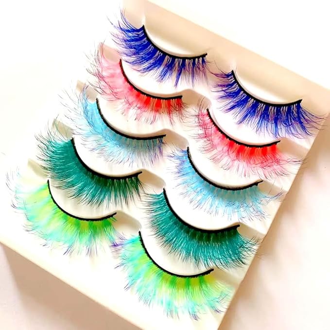 Sunniess Ombre Colored Lashes Silk Protein Fluffy Wispy Volume Fake Lashes for Halloweens Cosplay Party Stage Russian D Curl Lashes with Color Make up Faux Mink False Eyelashes 5 Pairs