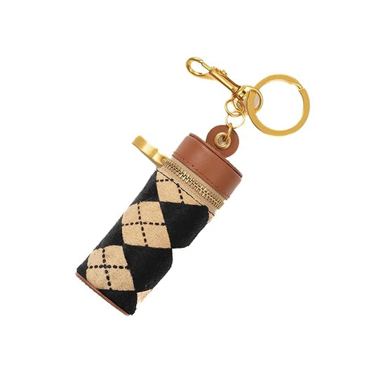 Cackatoo Genuine Leather Horsehair Lipstick Case with Keychain - Portable Travel Organizer for Lipstick and Chapstick - Stylish Key Chain Accessory for Women (Checkered/Brown)
