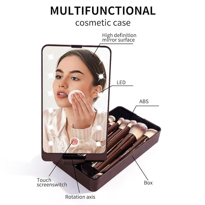 MAANGE 10 Pcs Makeup Brush Set Double-ended Kabuki Brush Travel Makeup Brushes for Foundation Powder Concealers Eye Shadows Makeup Tools Set with LED Light Mirror (Coffee Brown)