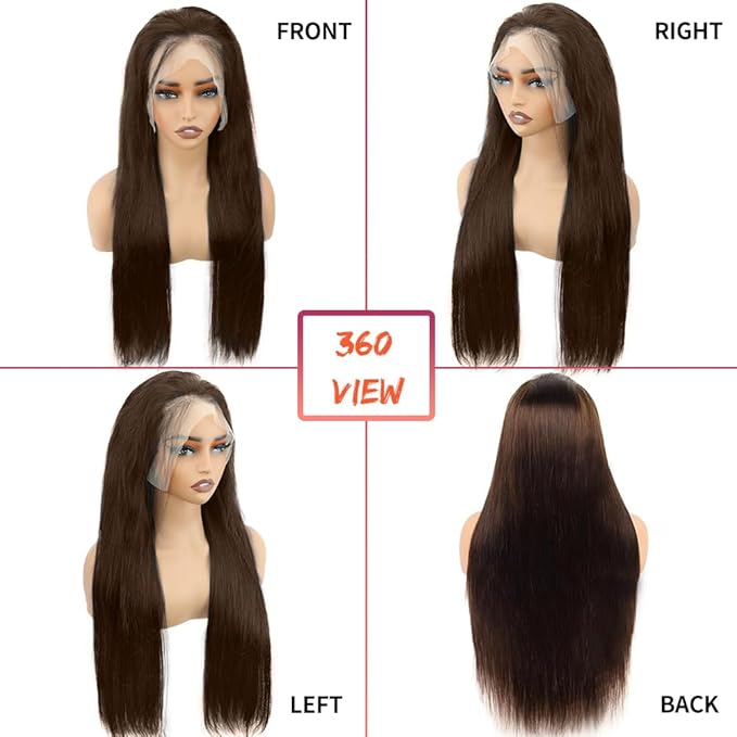13x6 Chocolate Brown Lace Front Wigs Human Hair with Baby Hair 200 Density Straight Lace Frontal Human Hair Wigs Pre Plucked Hairline 4# Brown Wig 32 Inch