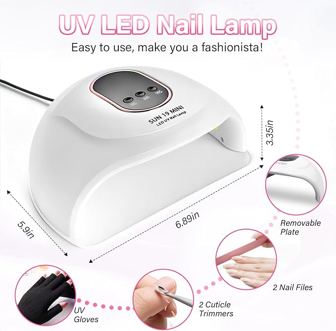 LED Nail Lamp with Gloves Nail Files Cuticle Trimmers, 3 Timers Auto Sensor Gel Polish Curing Dryer Light with Display Detachable Base