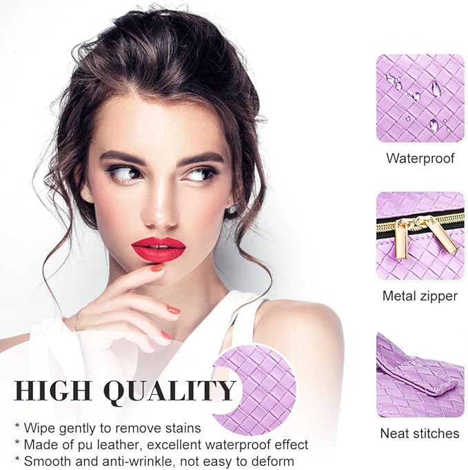 Travel Makeup Bag: Large Capacity Cosmetic Bag for Women, Portable PU Leather Waterproof Stuff Bag With Handle and Divider Flat Lay Makeup Pouch Toiletry Bag Birthday Gift for Women - Purple