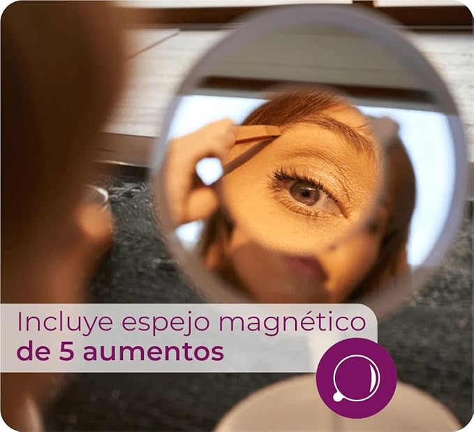 Beurer Illuminated 5X Vanity and Cosmetics Mirror, Touch Sensor Surface, Storage Tray, with Portable, Magnetic Magnifying Makeup Mirror, White LED Light and Dimmer, Cordless, 360° Rotation, BS45