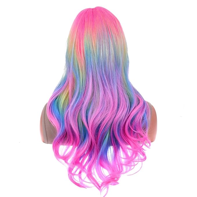 BERON Rainbow Ombre Wigs Long Wavy Wig for Women Colorful Ombre Curly Heat Resistant Synthetic Hair Wigs for Daily Use with Wig Cap