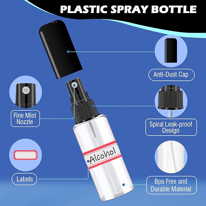 100 Pack 2oz/55ml Plastic Spray Bottles Mini Travel Spray Bottle with Black Cap Empty Fine Mist Spray Bottles Refillable Liquid Container for Perfumes Travel Makeup