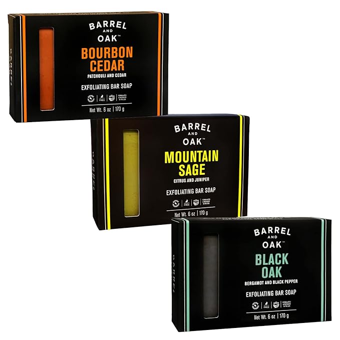 Barrel and Oak - Exfoliating Bar Soap Variety Pack, Men's Soap Bar, Natural Exfoliator, Skin Scrub, Deep Cleans Pores (6 oz Per Bar Soap, 3-Pack)