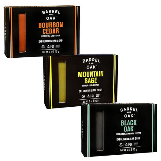Barrel and Oak - Exfoliating Bar Soap Variety Pack, Men's Soap Bar, Natural Exfoliator, Skin Scrub, Deep Cleans Pores (6 oz Per Bar Soap, 3-Pack)