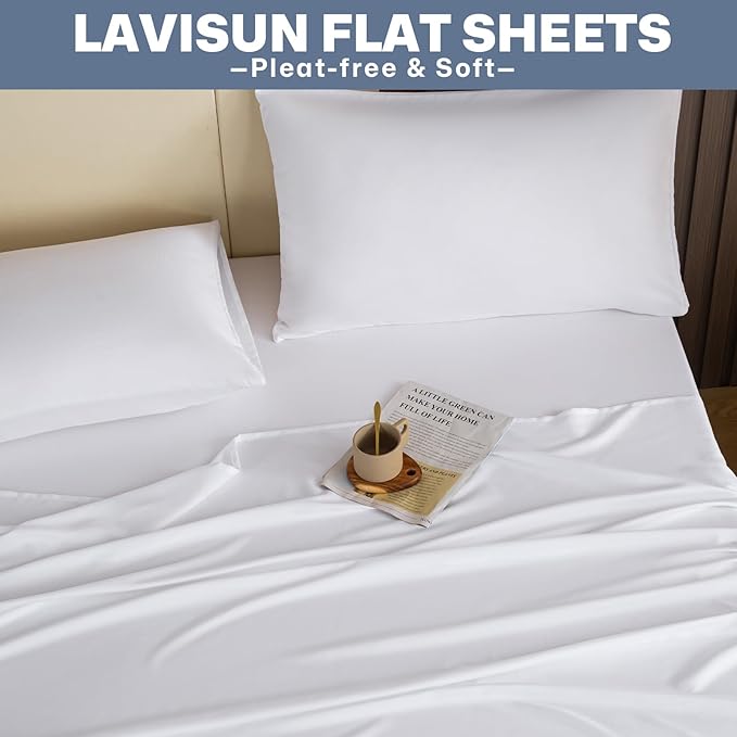 Lavisun Flat Sheets 2 Pack,Hotel Quality Flat Bed Sheets,Brushed Microfiber Bed Sheets, Bulk Sheets for Massage, Home, Dorm (White,Queen)