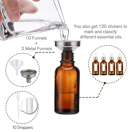 PrettyCare Eye Dropper Bottle 2 oz (63 Pack Amber Glass Bottles 60ml with Golden Caps, 2 Extra Eye Droppers, 120 Labels, 10 Funnel & Measured Pipettes) Empty Tincture Bottles for Essential Oils