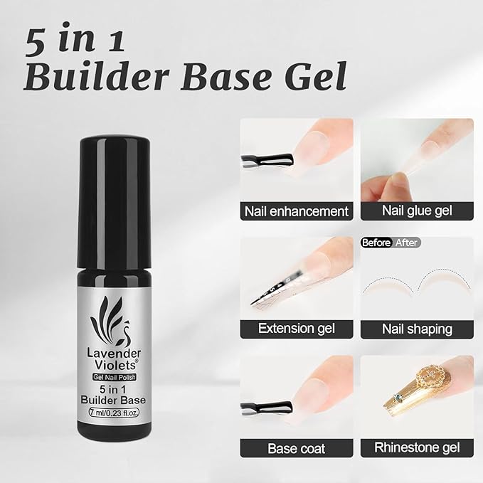 Lavender Violets 6 Pcs Gel Base and Top Coat Set: Nail Dehydrator and Primer, 5-in-1 Builder & Rubber Base Coat, Matte & No-Wipe Top Coat Long-Lasting Manicure C200