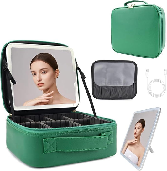 Travel Makeup Bag with LED Lighted Mirror,Cosmetics Organizer, Makeup Bag with 3 Color Lighted Setting, Portable Storage and Adjustable Dividers Travel Makeup Bag(Dark green)