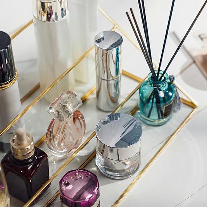 FSyueyun Gold Makeup Organizer Case Vanity, 3 Layers Glass Makeup Storage Cosmetics Organizer Earring Ring Holder Display Case