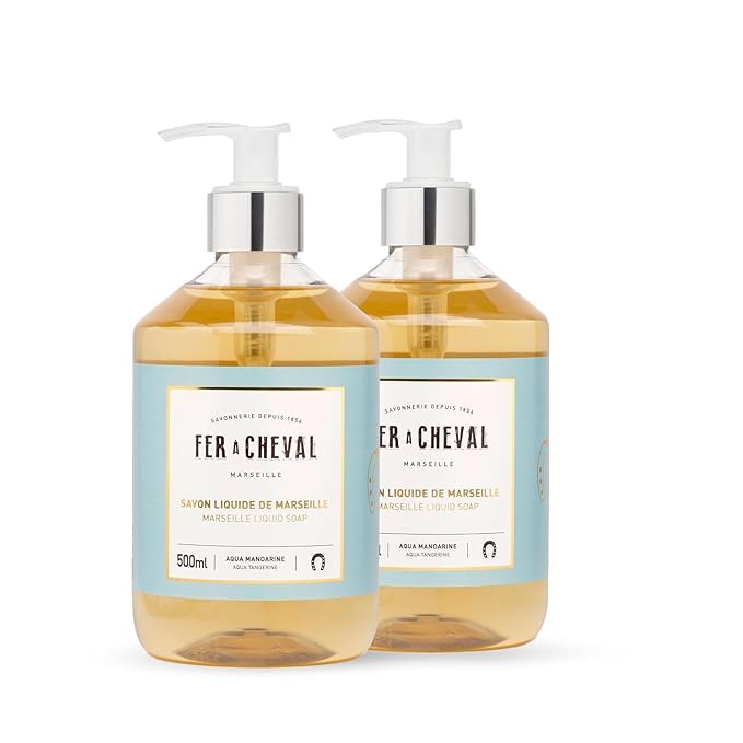 Fer à Cheval Marseille Liquid Soap Aqua Tangerine - Shea Butter & Almond Oil, Hydrating Hand Wash, Natural Ingredients - Set of 2, 500ml/16.9 f oz
