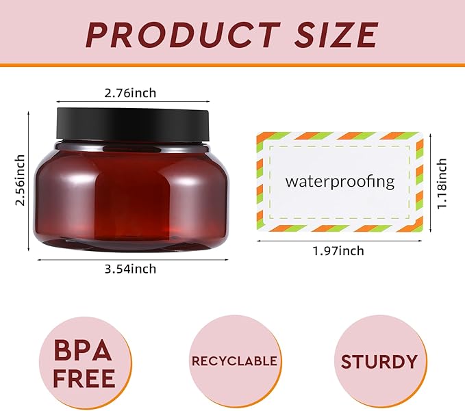 24 Pack 8 Oz Plastic Containers With Lids and Waterproof Label BPA Free - Refillable Transparent Cosmetic Containers for Body Butter,Sugar Scrubs,Cream,Lotions,Candy,Bath Salt (Brown)