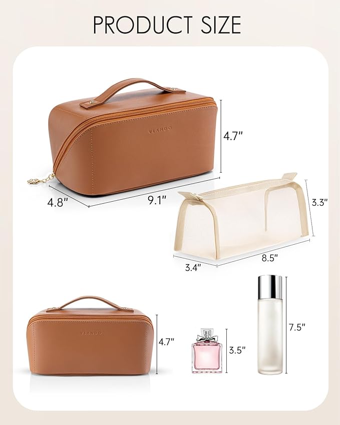 Vlando Travel Makeup Bag,Teacher Appreciation Gifts,Brown Leather Make up Bagr for Women,Makeup Brushes Bag with Divider and Handle,Gifts for Mom Women Traveler